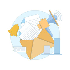 Online Marketing and Business Concepts Send Messages. Subscribe to Newsletters. Open Envelopes with Megaphones and Letters. Email Marketing with Notifications. Social Media Engagement.