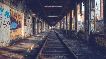 Obraz premium Abandoned train station hallway with tracks disappearing into the distance. Graffiti adorns weathered walls. Sunlight streams