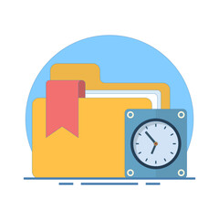 Project Management Concept. Folder with Clock. data management, folder, project goals, Project Management and time symbol, management, process. Flat Design Illustration on Background.