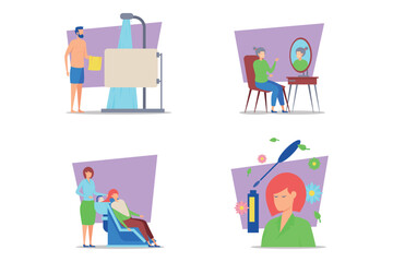 Variety of beauty routines including showering, applying makeup, receiving haircut, and enjoying serene moment. Self-care practices concept