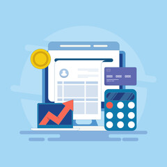 Online accounting software concept, Digital accounting, Wealth management, Tax calculation, Financial growth, Banking reports. Vector illustration background with icons