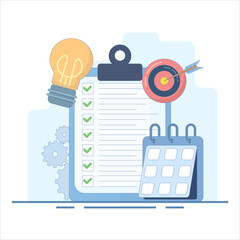 Abstract Concept of Project Management. Clipboard with Calendar and Idea Light Bulb. Project management, resource planning and budget. Flat Design Illustration on Background.