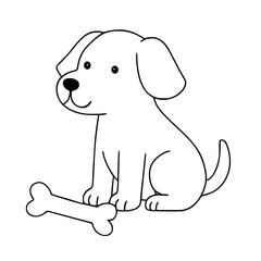 Cute puppy with a bone in a coloring book style  