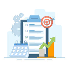 Business Plan Concept. Clipboard with Data Chart and Target Arrows. Business strategy, business plan. financial report. Clipboard with financial data infographics. Flat Design Illustration.