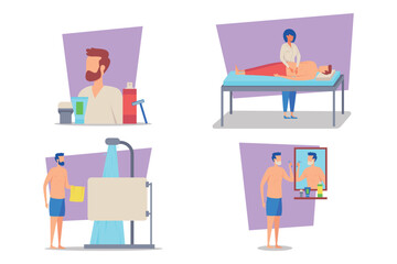 Collection of spa treatments. Individuals engaged in massage therapy, grooming, and skincare. Relaxation and self-care routines concept