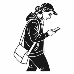 Monochrome Vector Illustration Of Woman Using Smartphone While Walking Outside Design
