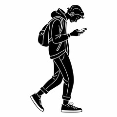 Silhouette Of Student Using Phone While Walking Vector Illustration For Education