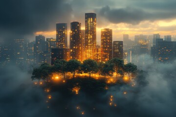 Fototapeta premium A glowing city skyline surrounded by lush greenery amidst mysterious clouds at twilight