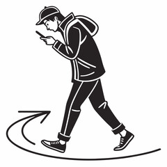 Pedestrian Focusing On Phone Walks Around Curve Vector Illustration Graphic