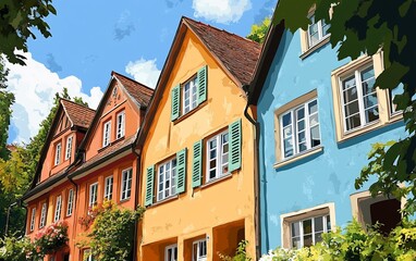 Fototapeta premium Colorful row of houses. The vibrant buildings showcase classic architectural styles. Sunlight casts shadows