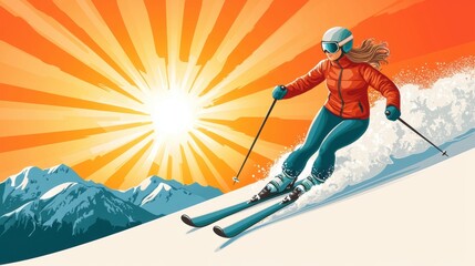 Skiing woman against a vibrant sunset background.