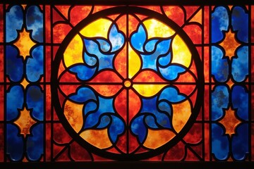 vibrant stained glass design with geometric shapes in sapphire, amber, and ruby, luminous glow, for decorative art or window-inspired graphics