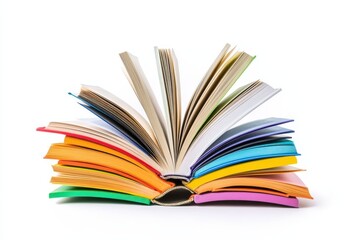 A stack of colorful books with one open book in the center