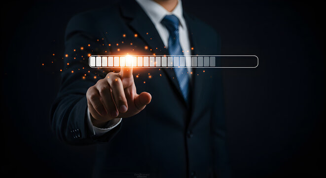 Businessman initiating data transfer or system process, indicated by a glowing orange loading progress bar on a futuristic interface.