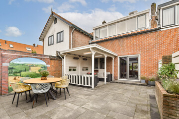 An inviting outdoor patio designed for relaxation, featuring a stylish dining table, lush greenery, and a scenic mural that adds charm to the ambiance.