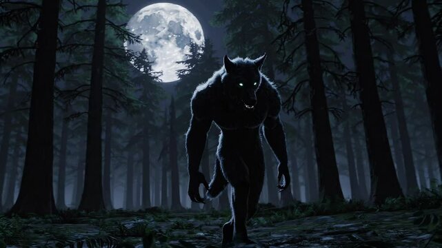 A menacing werewolf stalks a moonlit forest clearing, the silhouette of the werewolf framed by tall pine trees, the tense clip is perfect for horror trailers looking for a werewolf scare. 
