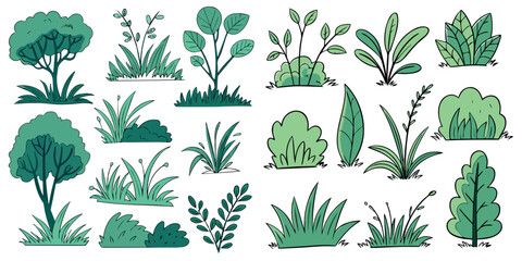 Hand drawn shrub bush shrubbery tree. set of garden plant element. Eco element