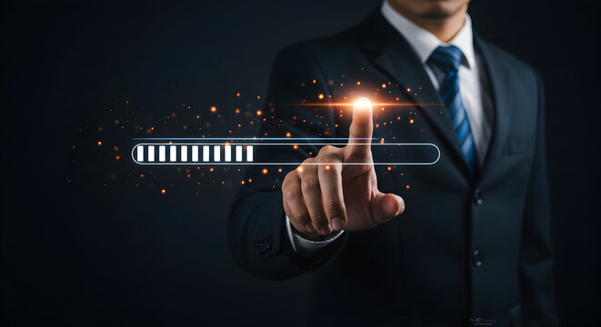  Businessman initiating data transfer or system process, indicated by a glowing orange loading progress bar on a futuristic interface.