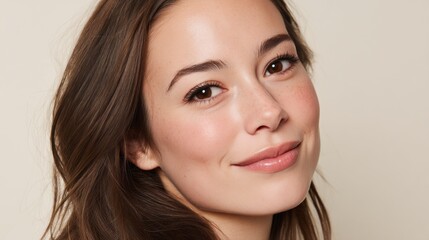 Obraz premium A woman with brown hair and brown eyes is smiling