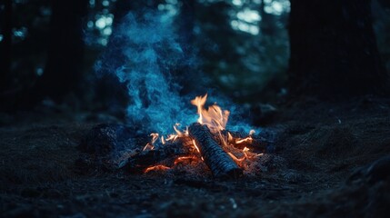 Naklejka premium Campfire glows in dark forest