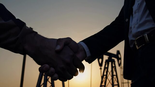 Two people shake hands in front of oil rigs at sunset, signifying a business agreement in the petroleum industry. The dark silhouettes add a sense of formality to the scene.