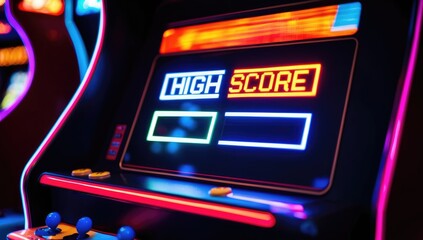 Close-up of an arcade machine's screen displaying "High Score" with neon-colored lights in the background.