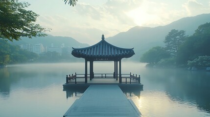 Obraz premium Tranquil Asian gazebo on a lake at dawn. Misty morning light