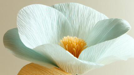 A lifelike crepe paper tulip with lilac-to-turquoise petals, lichen green leaves, and delicate veining. Natural lighting, soft neutral backdrop, enchanting garden aesthetic.
