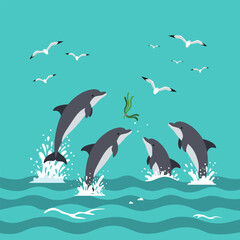 Fototapeta premium Dolphins Jumping Out of the Water with Seagulls Illustration
