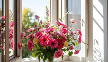 Fototapeta premium Vibrant floral arrangement by window