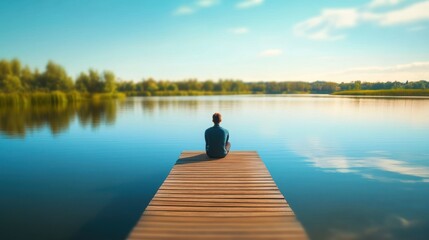 Fototapeta premium Man Contemplating on Lakeside Pier