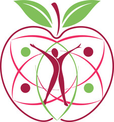 Abstract apple logo, stylized human figure, vibrant colors, minimalist design, organic shapes