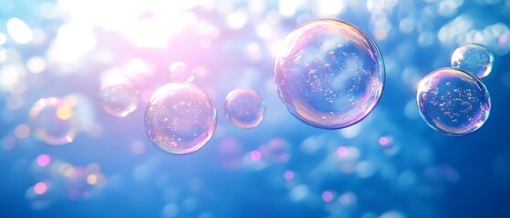 Colorful bubbles float, sunlight background