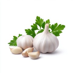 Garlic bulbs and parsley isolated on white background