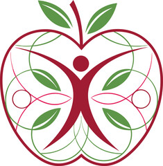 Abstract apple logo, stylized human figure, vibrant colors, minimalist design, organic shapes