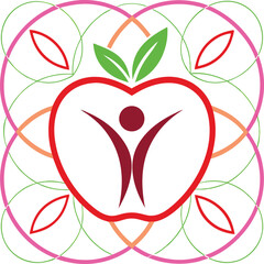 Abstract apple logo, stylized human figure, vibrant colors, minimalist design, organic shapes