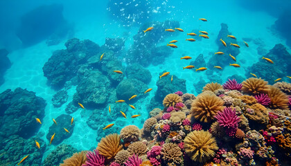 Naklejka premium Vibrant Coral Reef Teeming With Colorful Fish And Clear Blue Waters