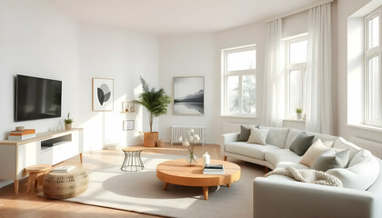 Fototapeta premium Bright And Airy Living Room With Modern Furnishings And Natural Light In A Minimalist Style