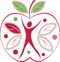 Abstract apple logo, stylized human figure, vibrant colors, minimalist design, organic shapes