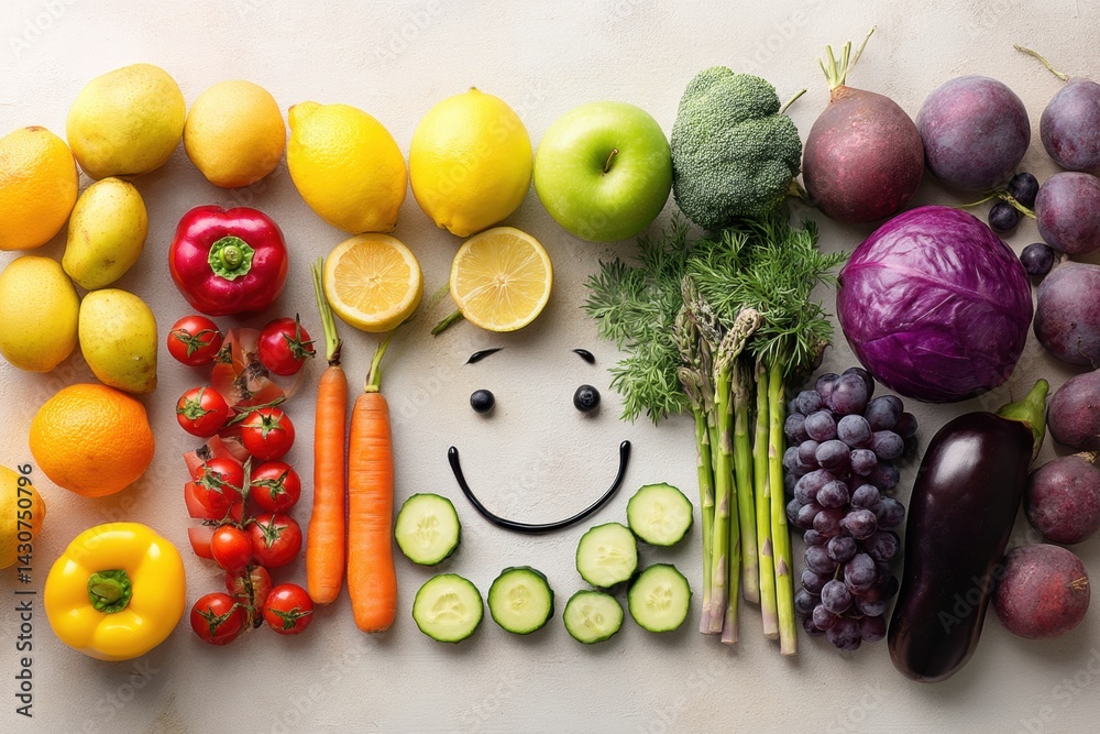 Poster creative arrangement of fruits and vegetables creates a smiling face on a bright surface promoting h