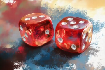 Two red dice are resting side by side on a smooth white surface