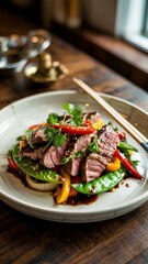 Deliciously crafted beef salad with vibrant vegetables served in a cozy restaurant setting