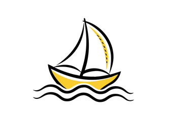 Minimalist Sailboat Illustration with Yellow Hull and Wavy Water Design Vector Icon