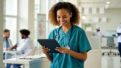 Smiling healthcare professional using tablet modern medical facility, showcasing positive - Powered by Adobe
