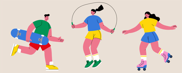 Young people doing outdoor sports in flat vector style – skateboarding, roller skating, and jumping rope. Great for fitness apps, active lifestyle blogs, posts, for social campaigns. © Ira