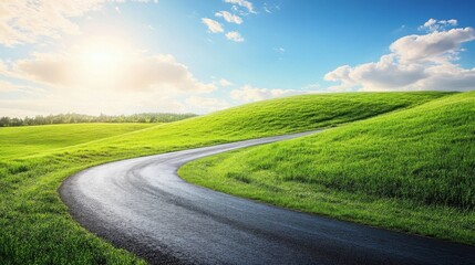 Fototapeta premium Winding road under sunny sky in green landscape