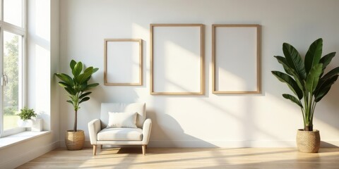 Serene Living Room with Natural Light and Empty Frames for Artwork Display