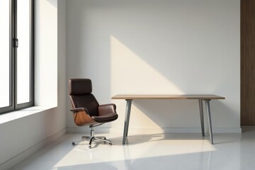 Modern minimalist office space design featuring a comfortable leather executive chair and a sleek wooden desk, bathed in natural sunlight streaming through a large window.