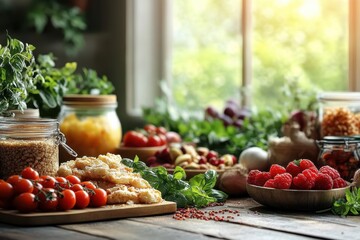 Fresh produce and herbs arranged on a wooden table in a bright kitchen during daytime