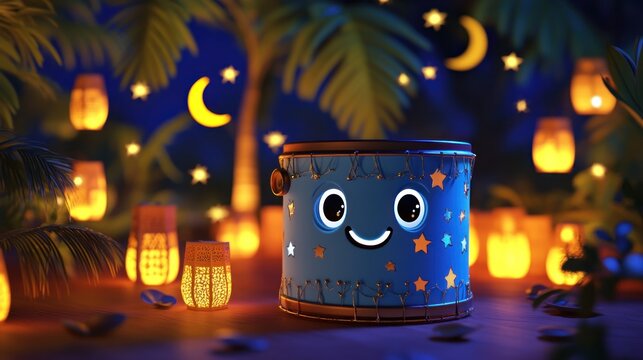 Cute drum character in a magical night scene